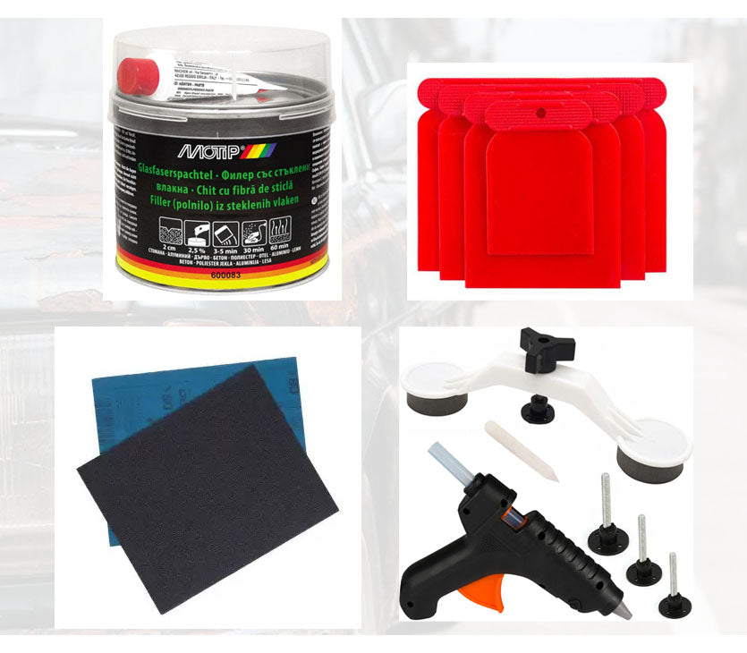 Set Reparație Caroserie, Tinichigerie Auto: Kit indreptare tabla, Kit Fibra, Spacluri, Tiple, și Coală Abrazivă Smirghel