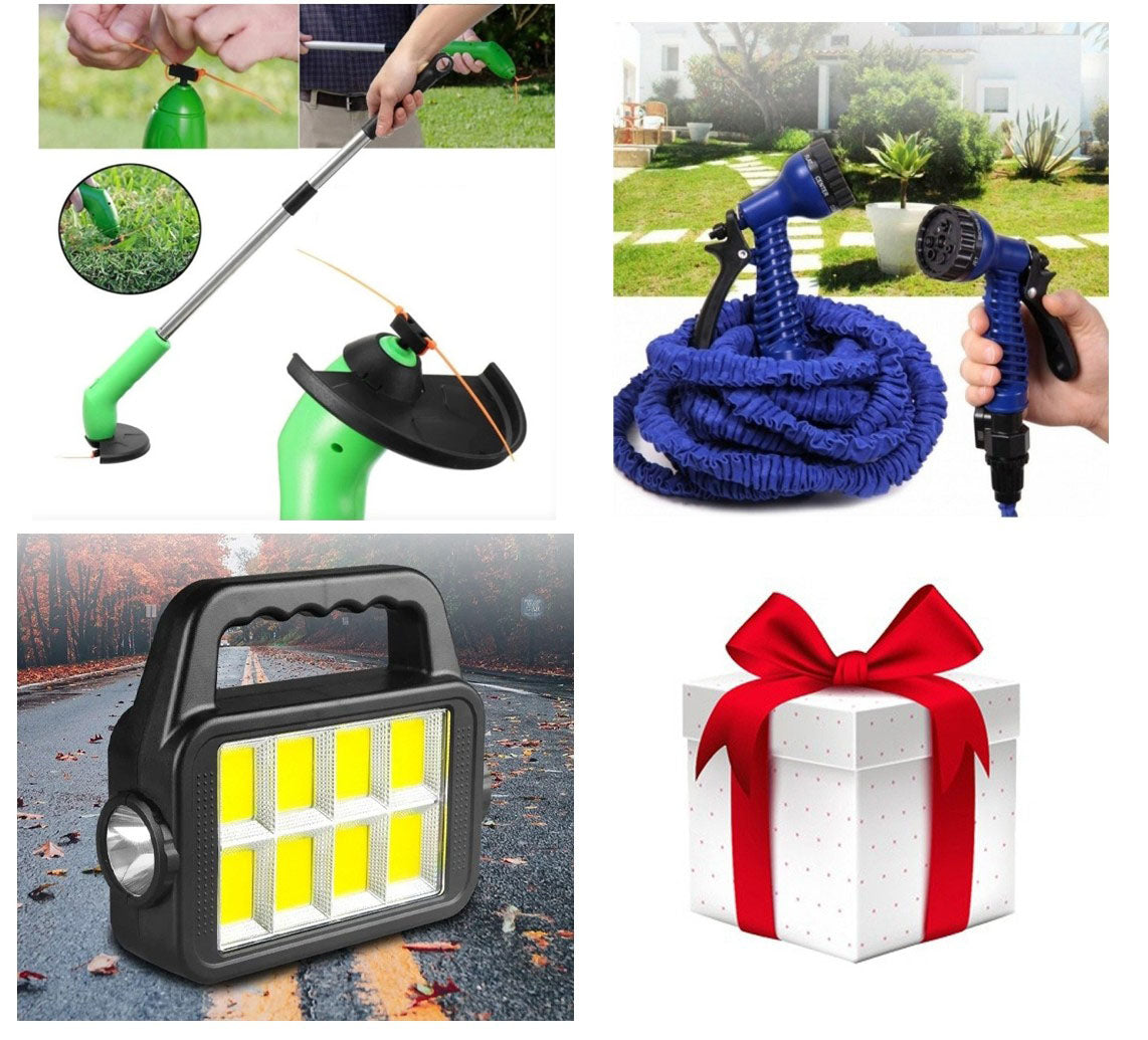 Oferta Promo - Trimmer electric pe baterii ZipTrim - Lanterna 3 moduri de iluminare, incarcare solara- Furtun de gradina expandabil + Cadou