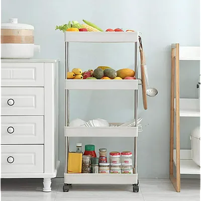 Suport organizator pentru fructe si legume, cu roti si 4 raturi, ideal pentru Bucatarie sau Baie