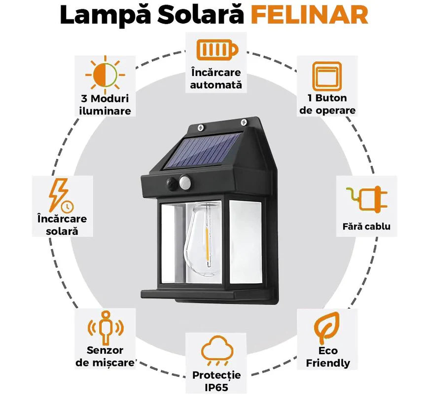Lampă Solară 3 Moduri de Iluminare, Design Felinar Bec 3W, 600 Lumeni