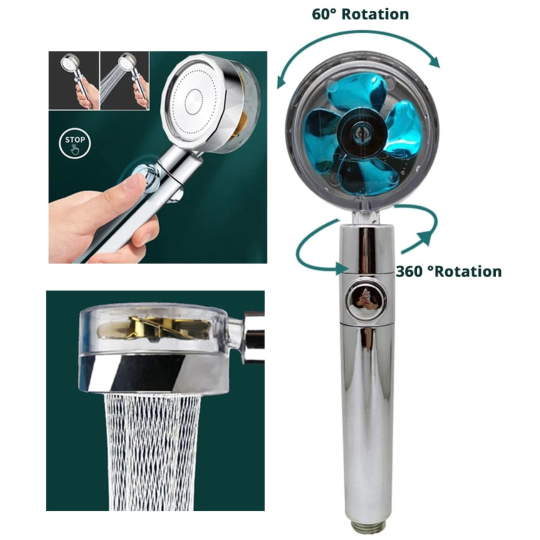 Cap de Duș cu Turbo Vortex, Buton On/Off, Rotire 360° și Filtru Incorporat