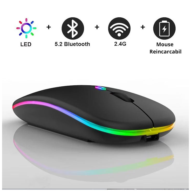 Mouse Wireless Reîncărcabil, cu lumina RGB, acumulator incorporat, DPI ajustabil - 800/1200/1600 DPI