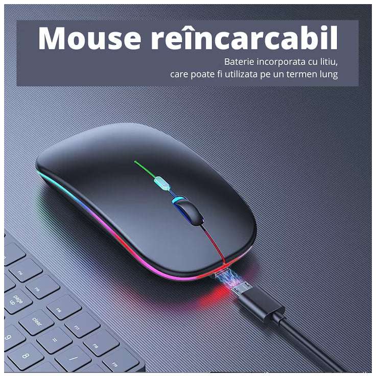 Mouse Wireless Reîncărcabil, cu lumina RGB, acumulator incorporat, DPI ajustabil - 800/1200/1600 DPI