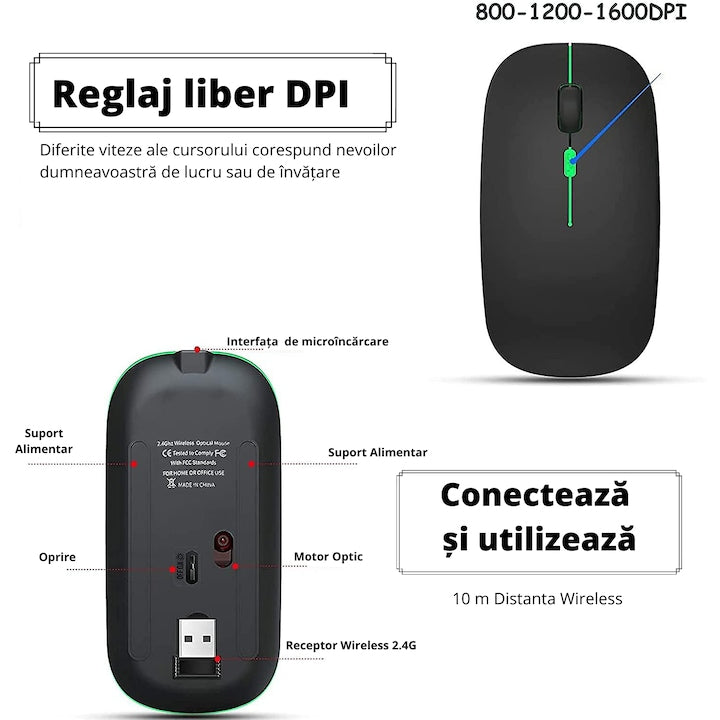 Mouse Wireless Reîncărcabil, cu lumina RGB, acumulator incorporat, DPI ajustabil - 800/1200/1600 DPI