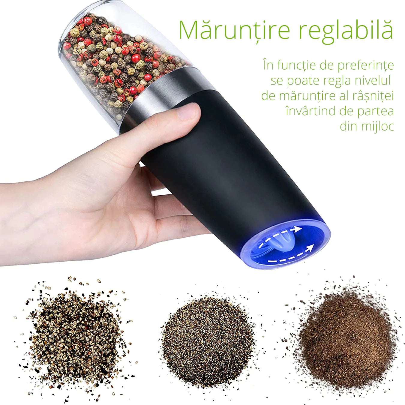 Rasnita electrica cu LED, mecanism ceramica, pentru sare si piper, negru-argintiu - Auros