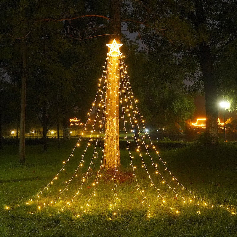 Instalatie solara perdea cu varf stea, 350 led, 9 franjuri, telecomanda - Auros