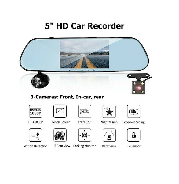 Camera DVR Tripla frontala, habitaclu, marsarier, tip oglinda retrovizoare, rezolutie Full HD,