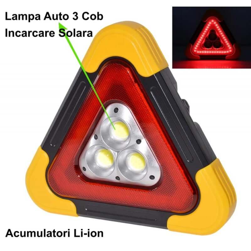 Triunghi reflectorizant iluminat cu 3 LED-uri cu incarcare prin USB sau solara - Auros