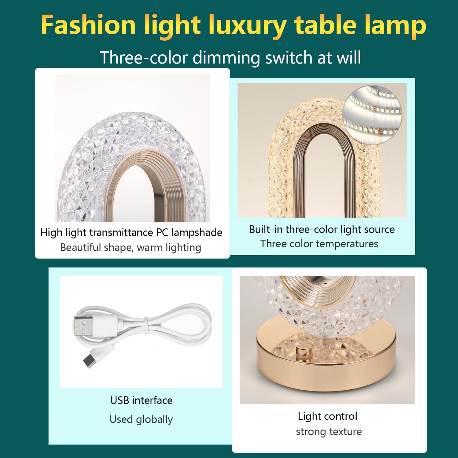 Lampa Diamond Crystal LED cu 3 temperaturi de culoare, alb rece, alb cald, neutru, culoare auriu - Auros