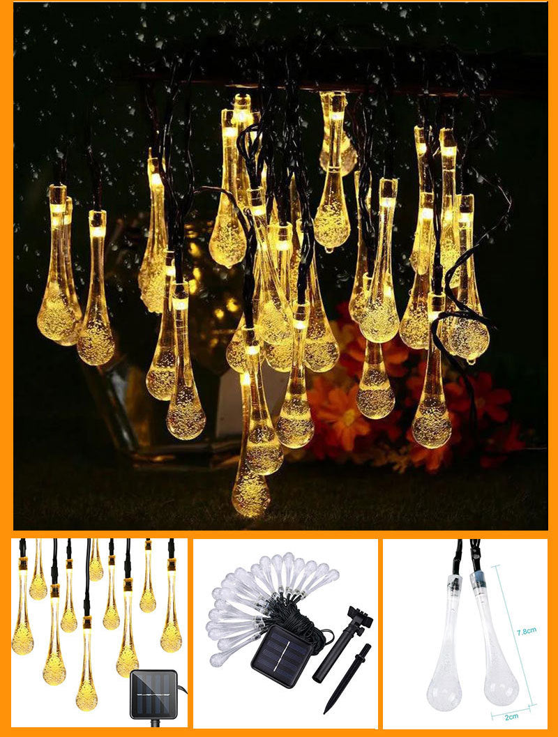 Instalatie LED solara, globuri picatura cristal, 6.5m, 30 LED, lumina galbena