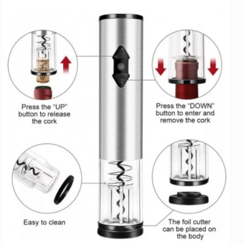 Set accesorii pentru vin cu tirbuson electric, 4 piese, cuțit de folie, conservator și turnător.
