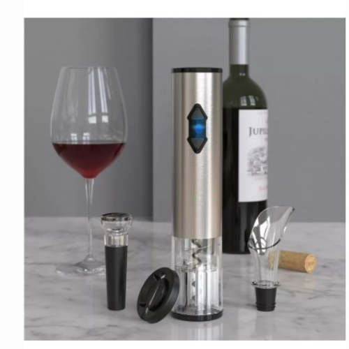 Set accesorii pentru vin cu tirbuson electric, 4 piese, cuțit de folie, conservator și turnător.
