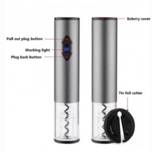 Set accesorii pentru vin cu tirbuson electric, 4 piese, cuțit de folie, conservator și turnător.
