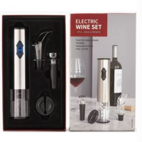 Set accesorii pentru vin cu tirbuson electric, 4 piese, cuțit de folie, conservator și turnător.