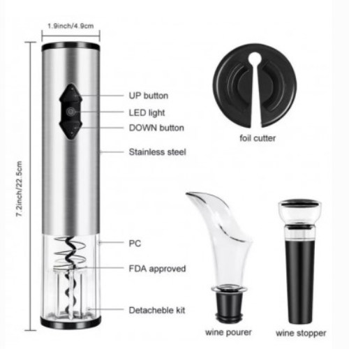 Set accesorii pentru vin cu tirbuson electric, 4 piese, cuțit de folie, conservator și turnător.