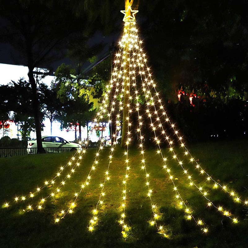 Instalatie solara perdea cu varf stea, 350 led, 9 franjuri, telecomanda - Auros