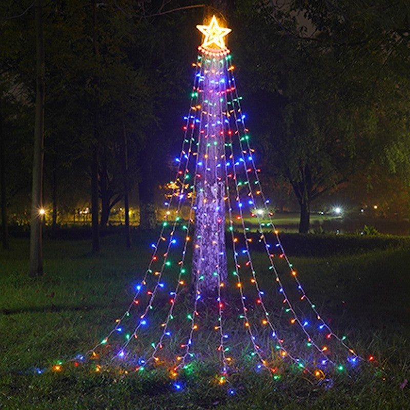 Instalatie solara perdea cu varf stea, 350 led, 9 franjuri, telecomanda - Auros