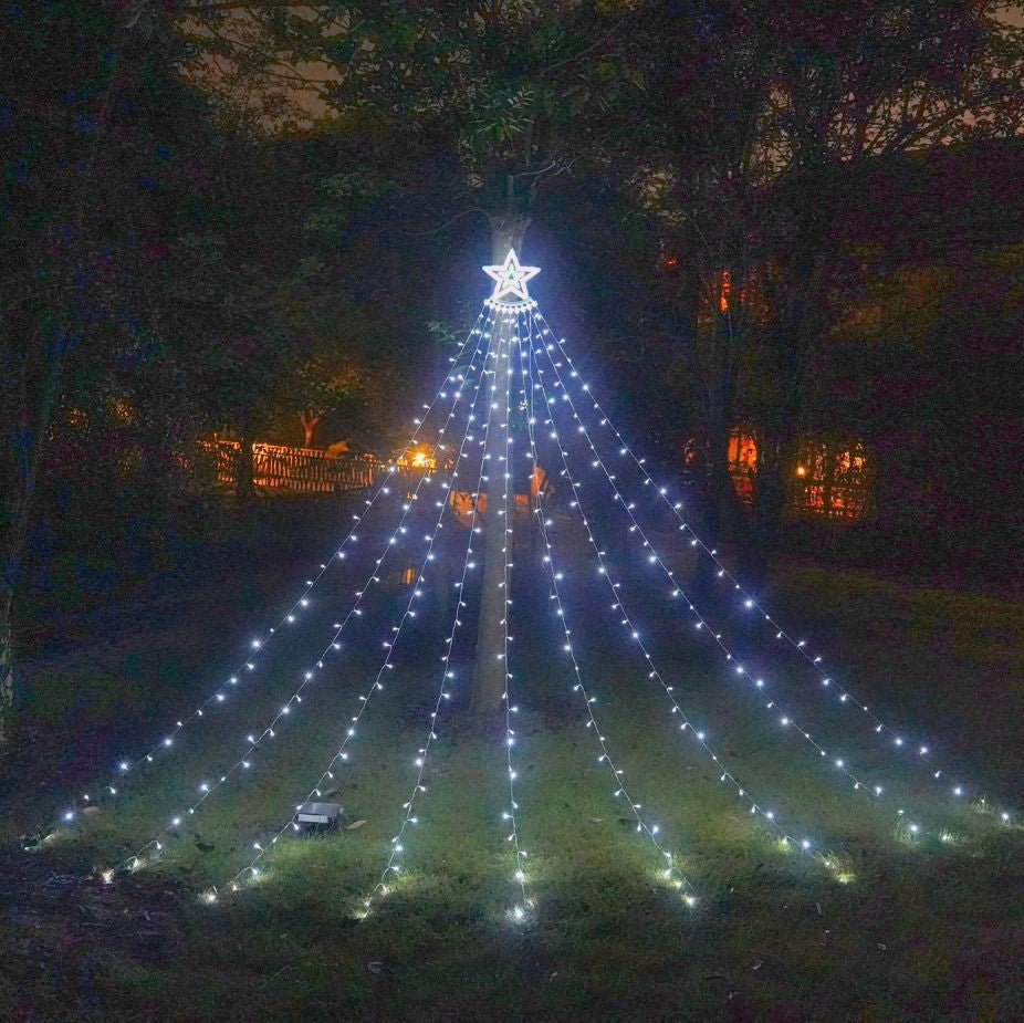 Instalatie solara perdea cu varf stea, 350 led, 9 franjuri, telecomanda - Auros