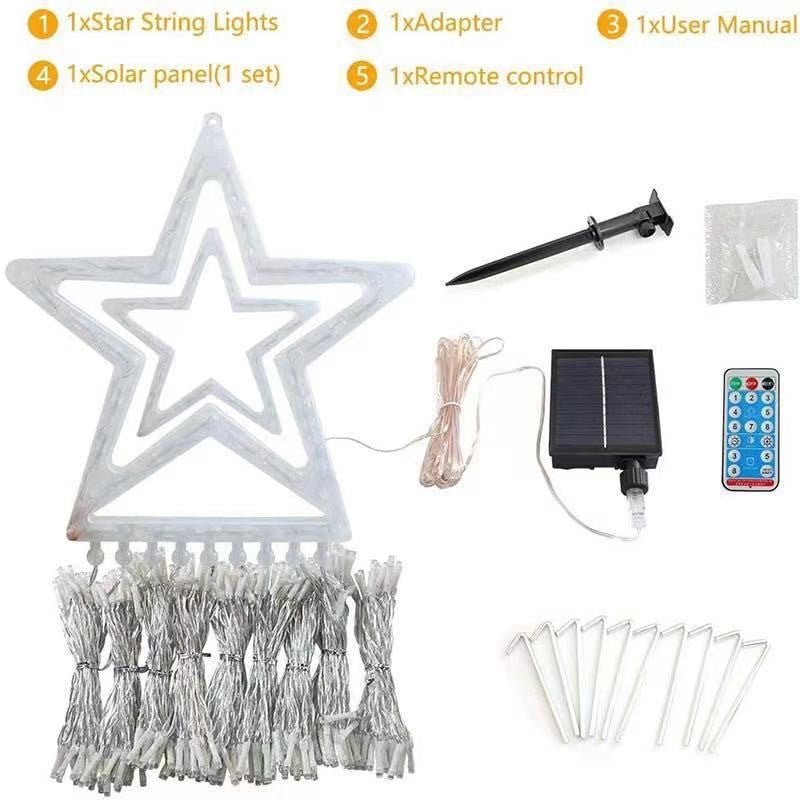 Instalatie solara perdea cu varf stea, 350 led, 9 franjuri, telecomanda - Auros