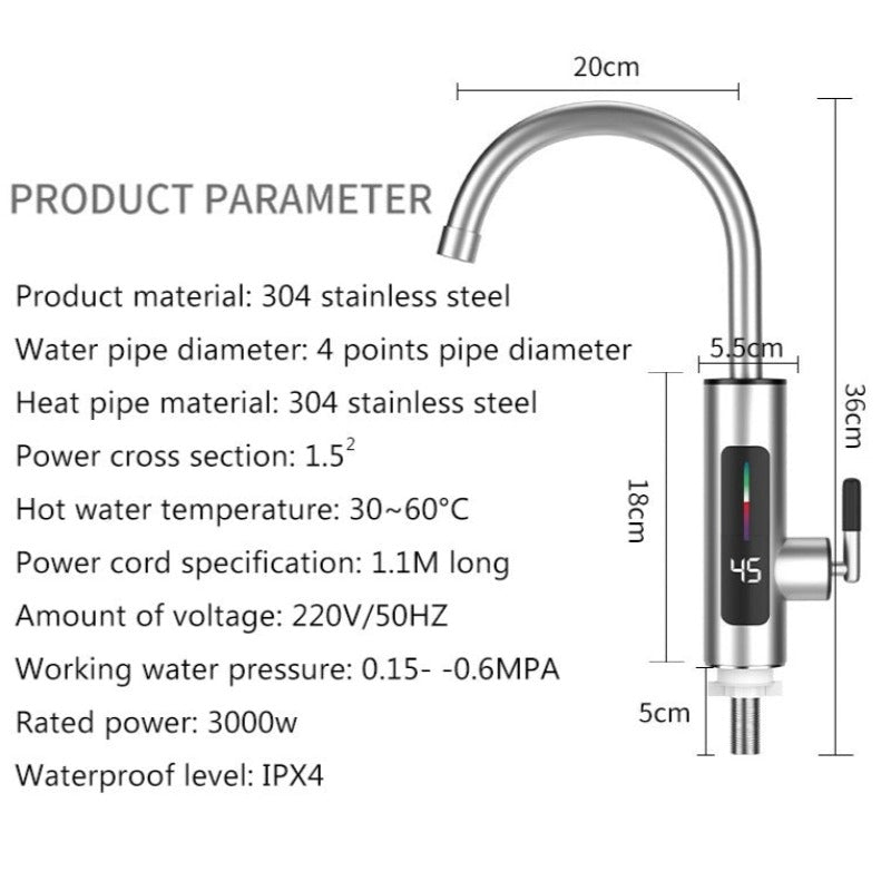 Robinet electric instant inox, Flex Head, display digital si rotire 360 grade, 3000W
