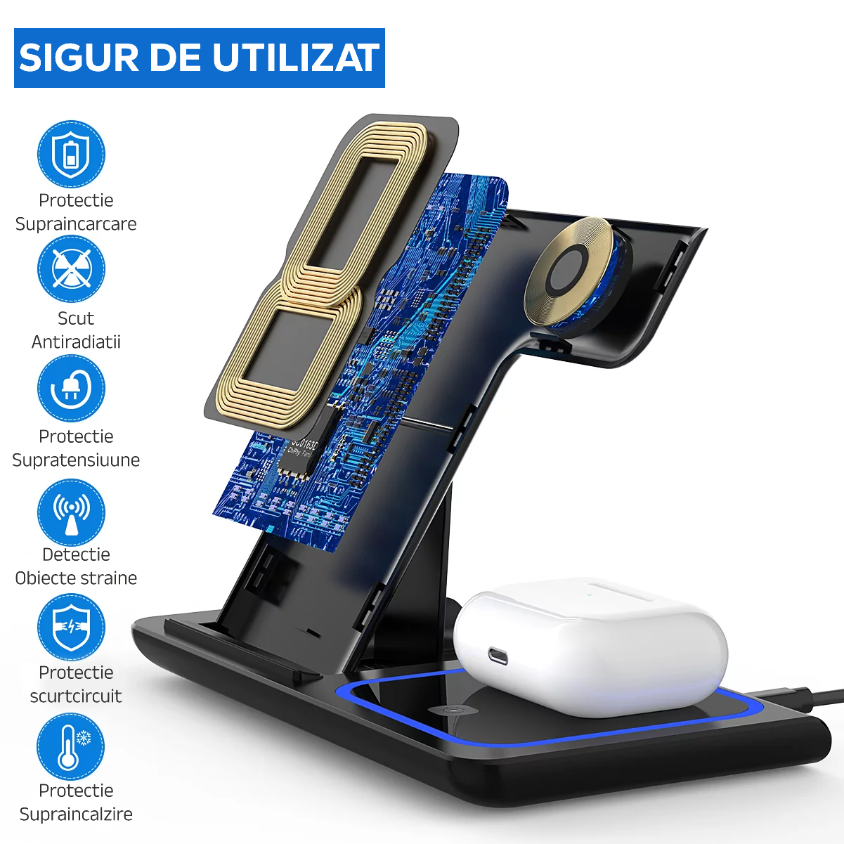 Statie Incarcare rapida 3 in 1 Qi, Fast Charger 15W, compatibila cu apple watch, airpods, iPhone - Auros