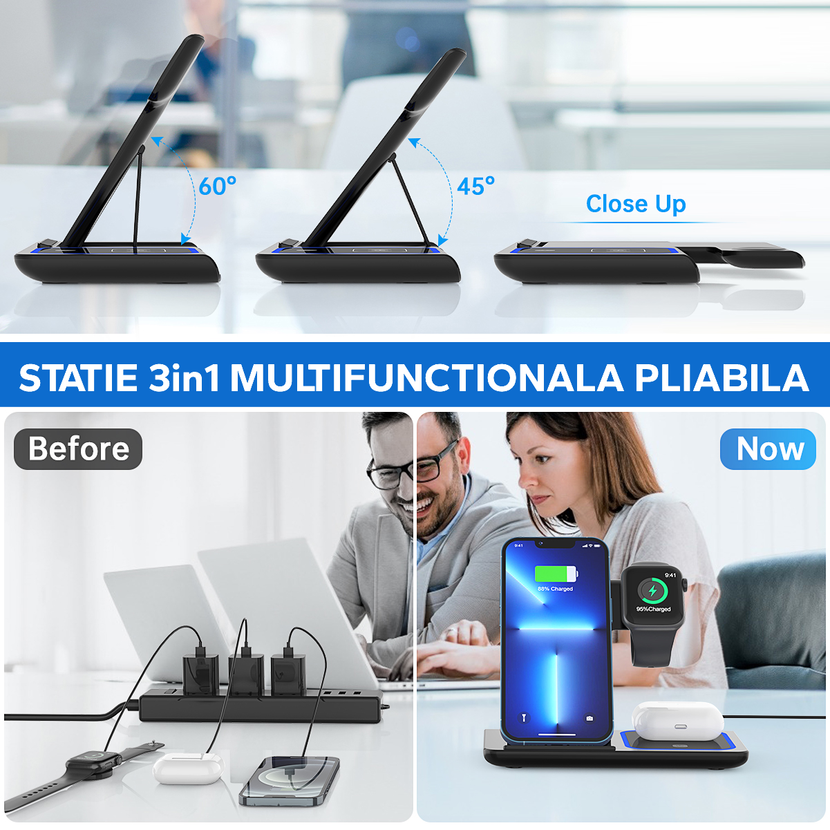 Statie Incarcare rapida 3 in 1 Qi, Fast Charger 15W, compatibila cu apple watch, airpods, iPhone - Auros