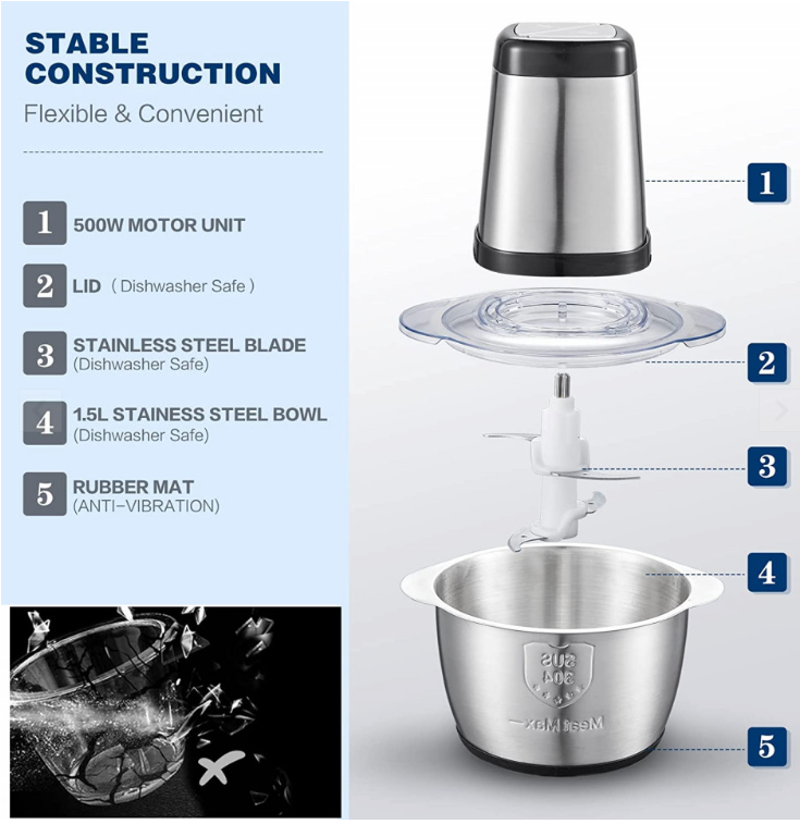 Tocator electric carne si legume, 4 lame inox, 2 viteze, capacitate mare, bol inox de 2L, 250W - Auros